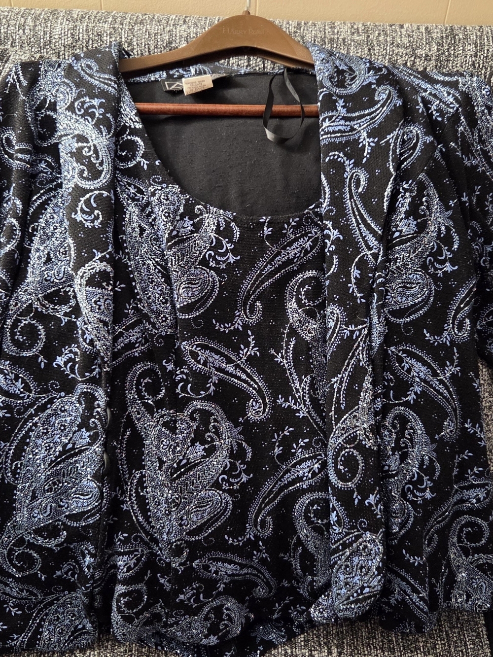 Alex Evenings Black & Silver Paisley 2-Piece Evening Jacket & Blouse Set Size La